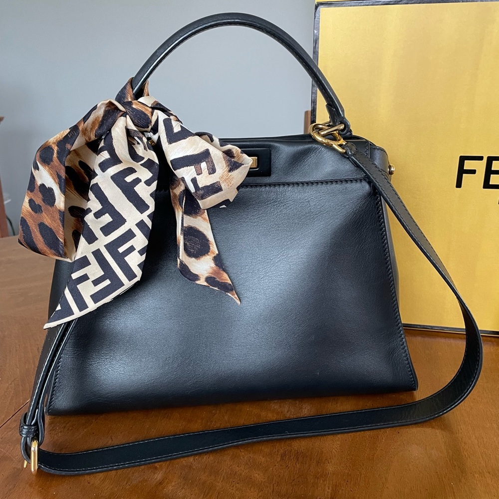 Fendi Medium Peekaboo Black Leather Shoulder Bag and Scarf